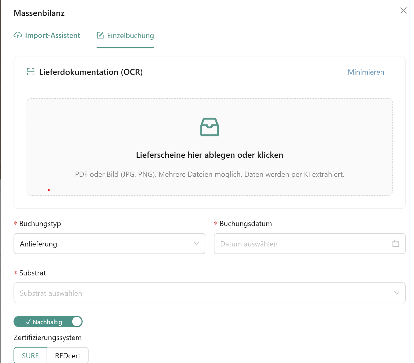 Single delivery booking: delivery note via drag and drop, booking type, substrate and certification scheme